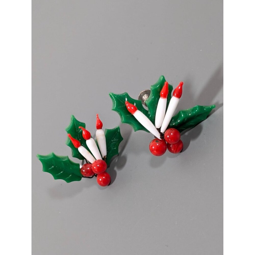 Vintage‎ Christmas Holly Candlestick Glass Screw Back Earrings Green Red